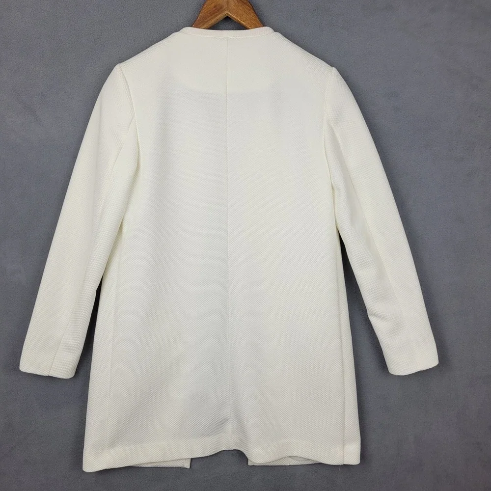 H&M Overcoat Women 4 White Lined Pockets Textured Long Sleeve Open Grannycore 70